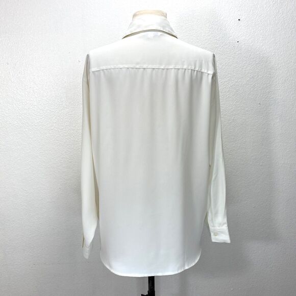 Vintage White Slinky Blouse Medium Front Placket Button Embroidery Career Formal - Picture 7 of 10